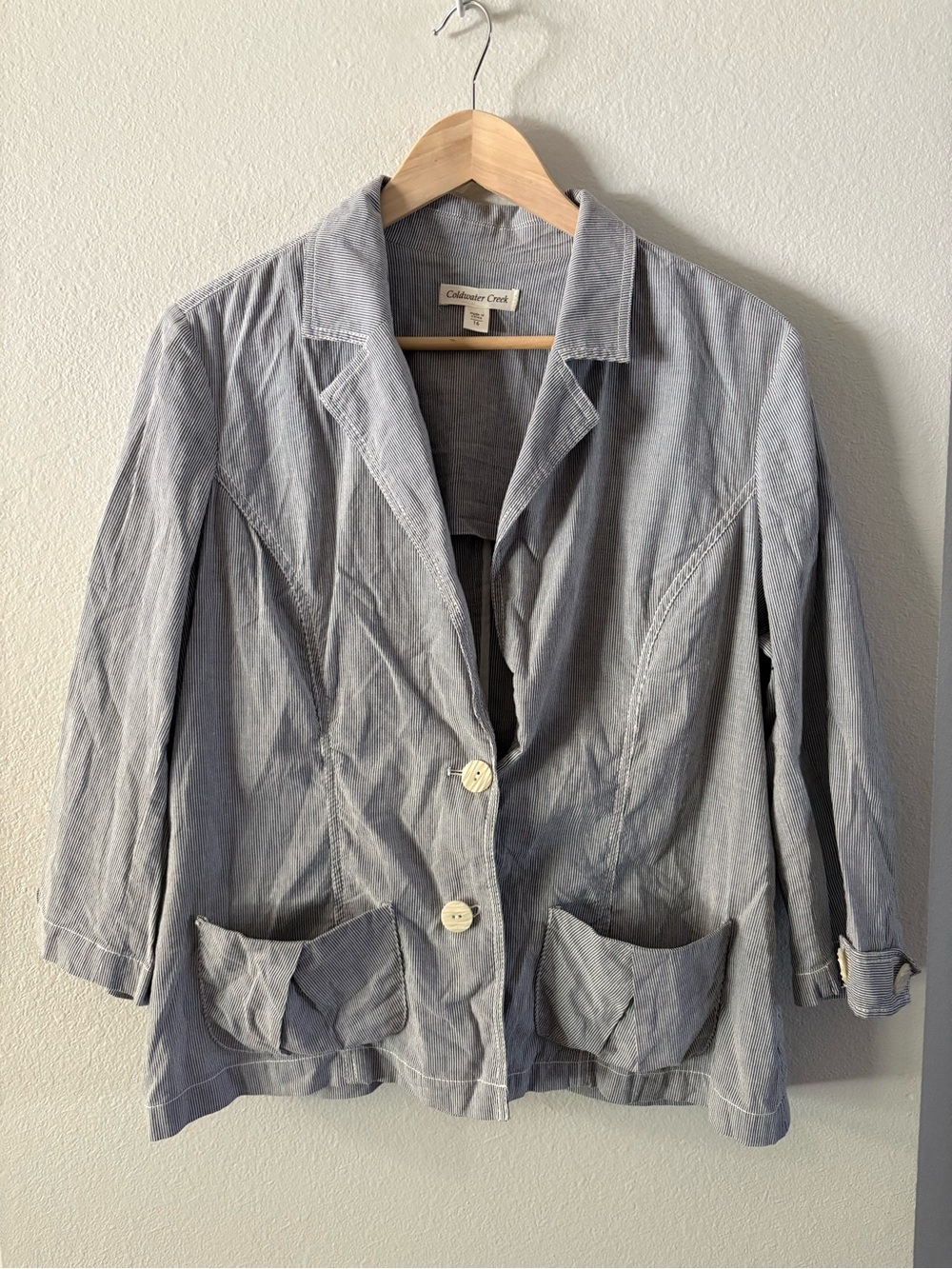 Coastal Grandma Blue & White Seersucker Nautical Jacket Coldwater Creek 16
